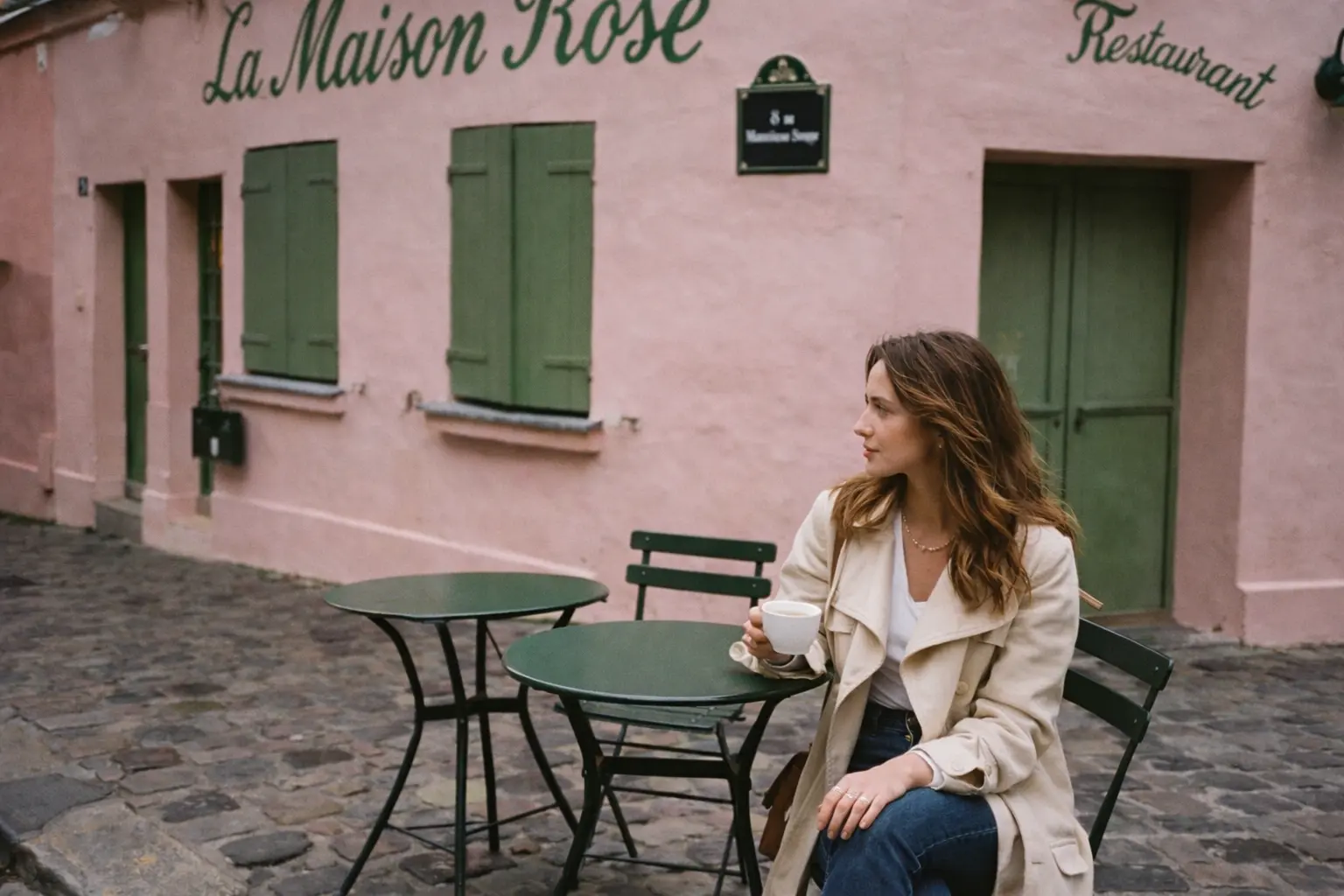 Shooting photo devant la Maison Rose à Montmartre