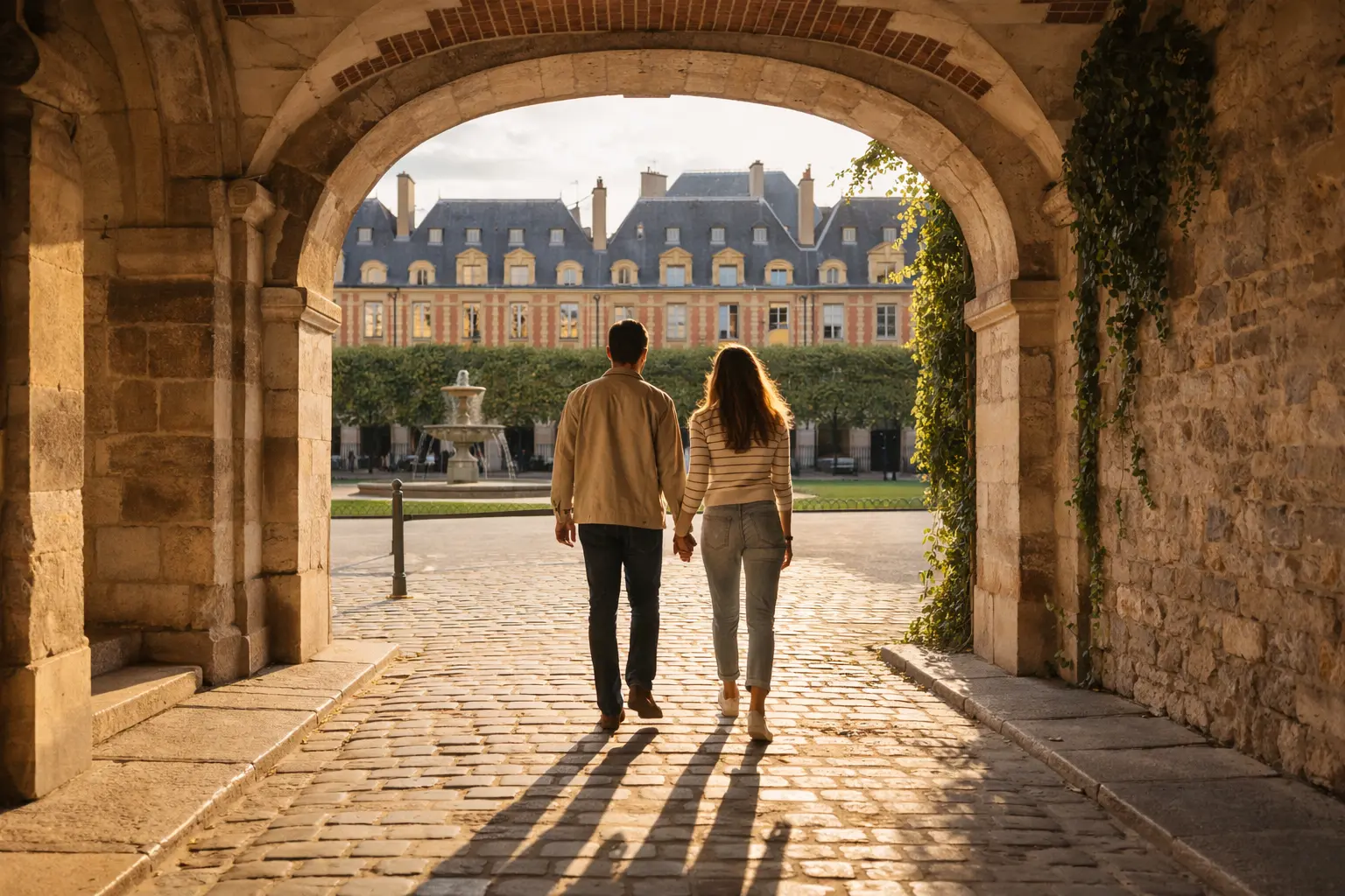Couple sous les arcades de la Place des Vosges dans le Marais