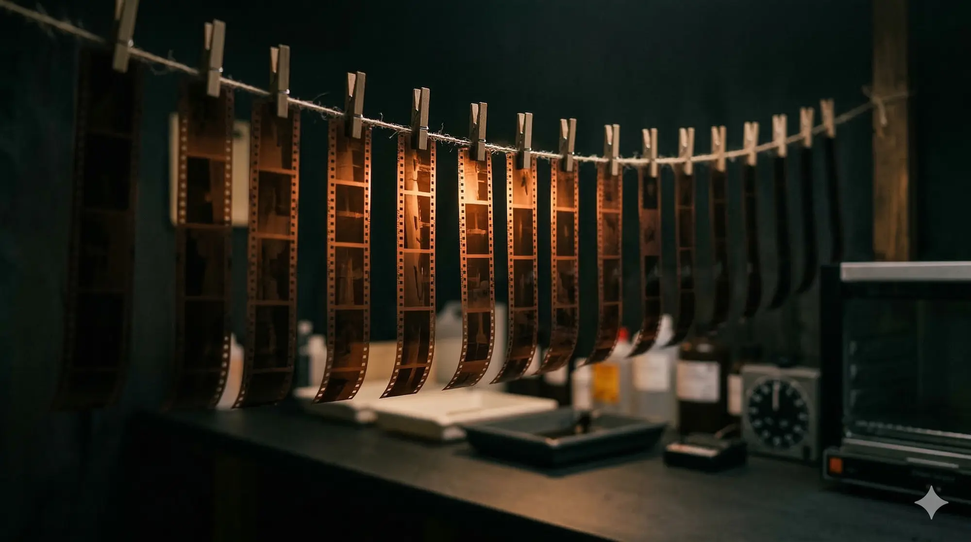 Négatifs argentiques développés suspendus dans une chambre noire