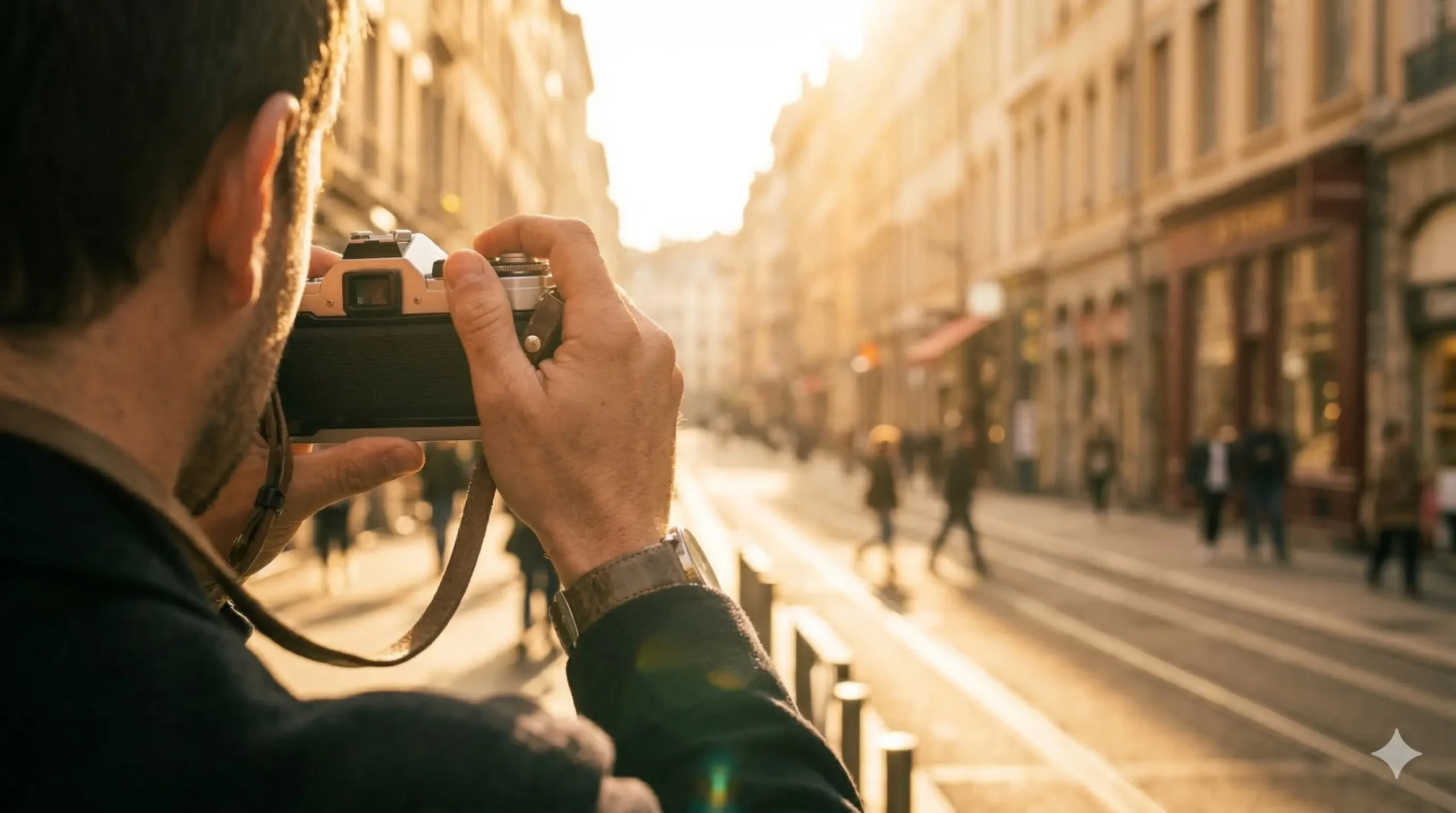 Photographe utilisant un appareil photo argentique en extérieur