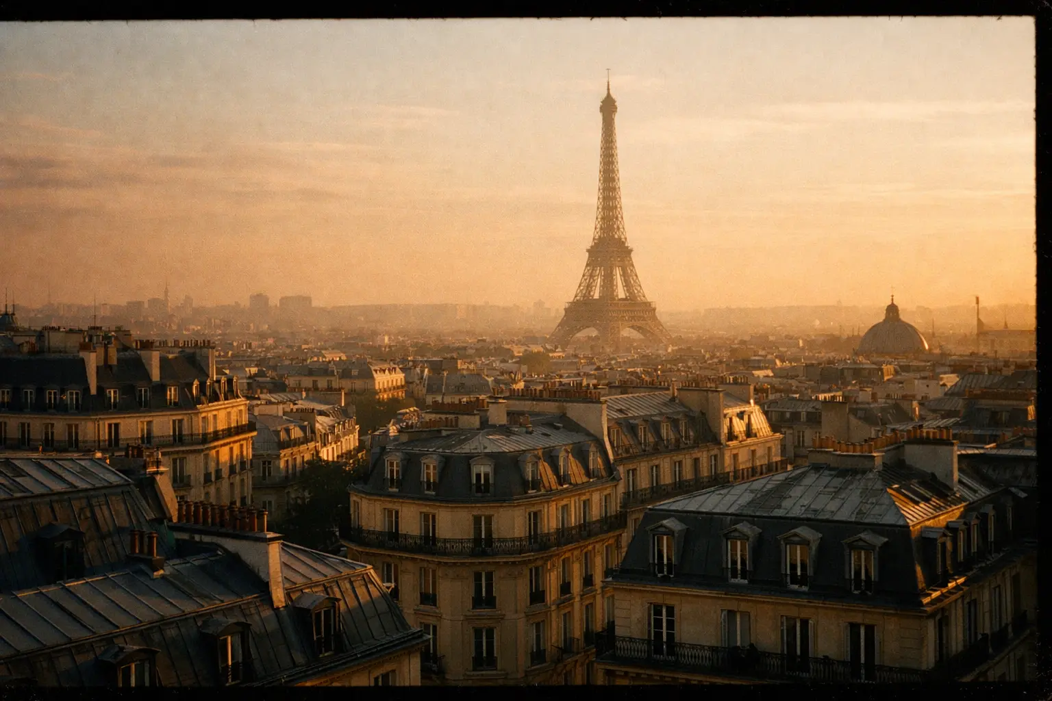 Vue panoramique des toits de Paris au coucher du soleil avec la Tour Eiffel