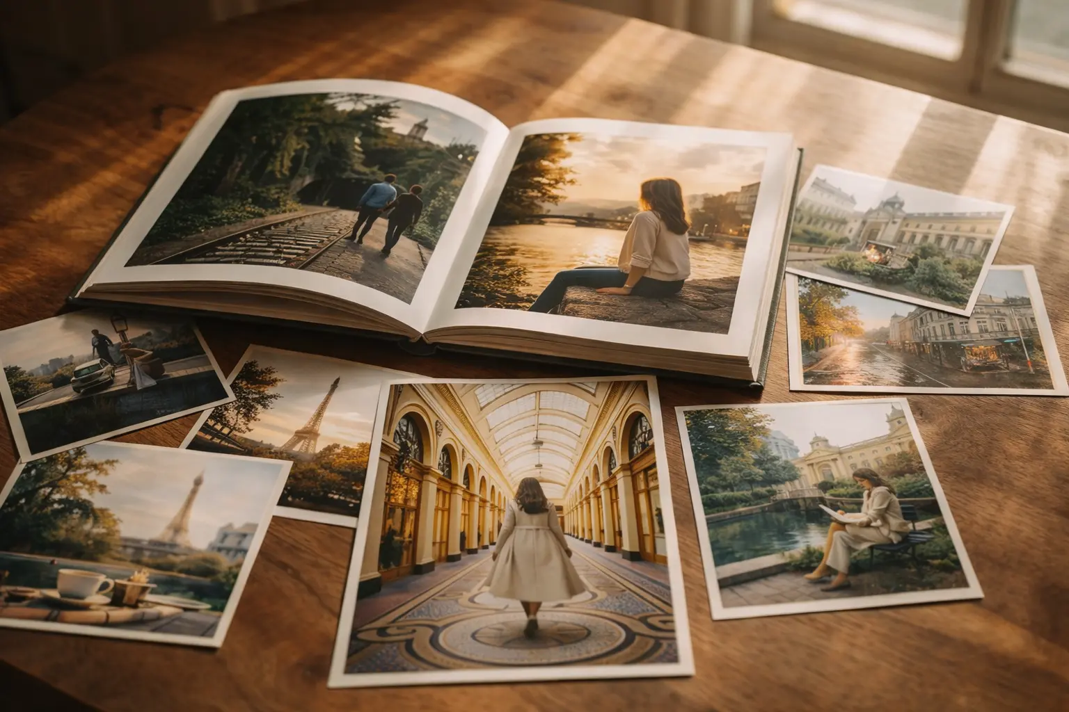 Album photo et tirages fine art posés sur une table