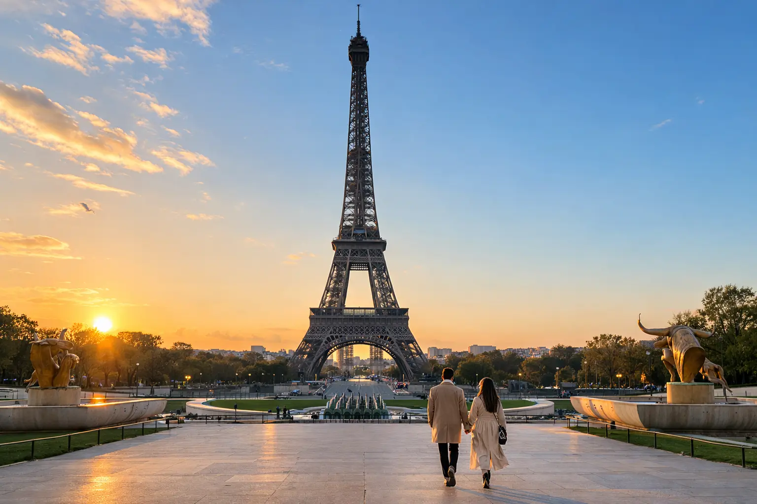 Couple au Trocadéro au lever du soleil avec vue sur la Tour Eiffel